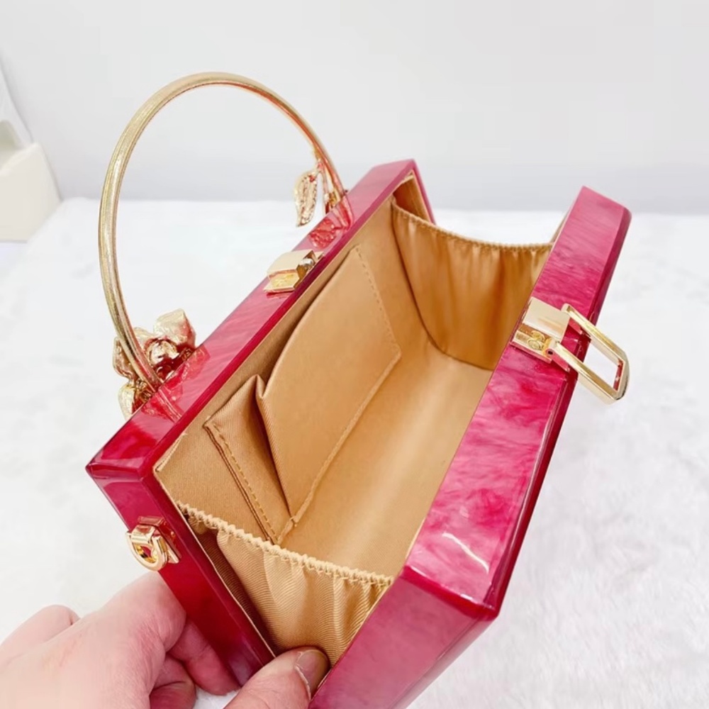 #B008  Red Acrylic  Bold Elegance  Marble  Rhinestones Gold Floral Handle Clutch - Picture 2 of 5